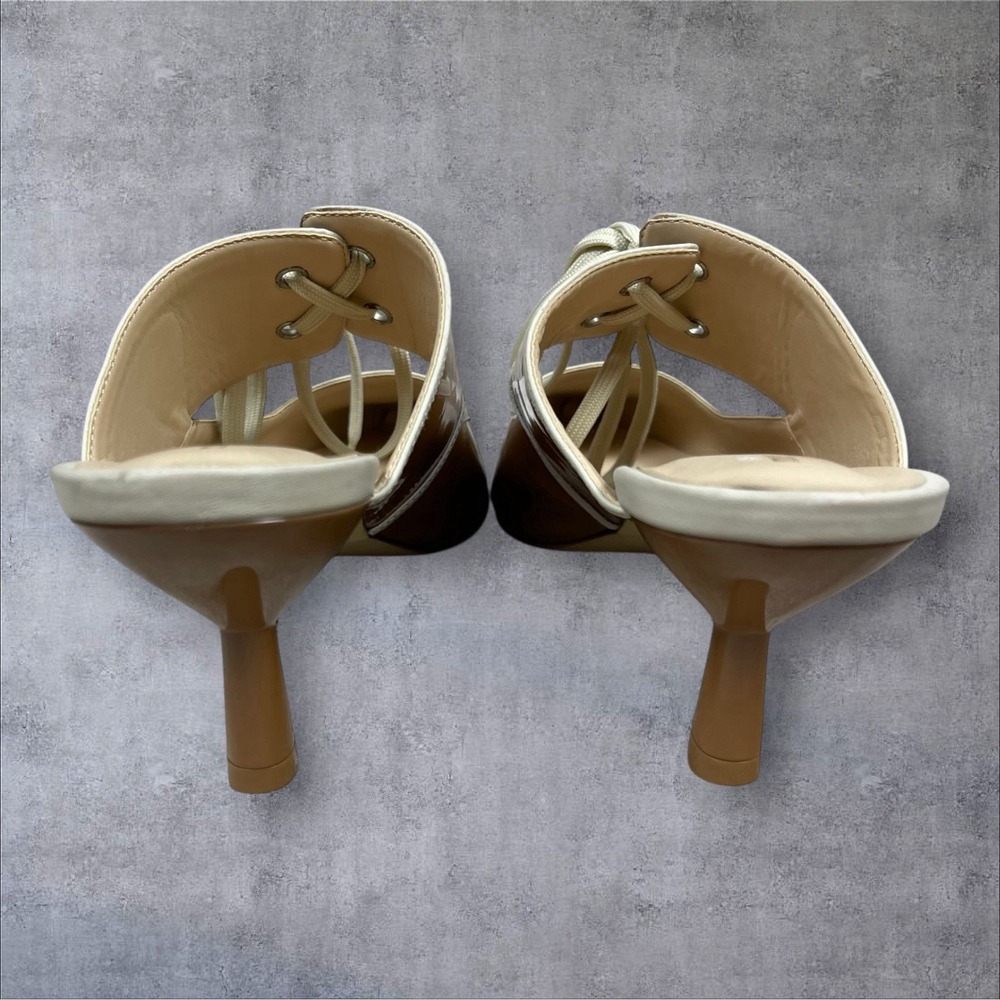 Anthropologie Maeve Contrast Lace Up Kitten Heel Mules Glossy Brown Womens 9 - Picture 7 of 9